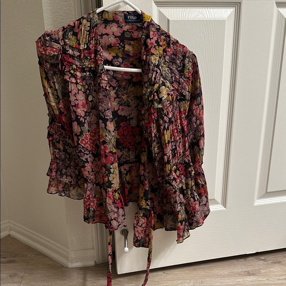 Polo by Ralph Lauren Red and Pink Ruffled Blouse with Tie Front